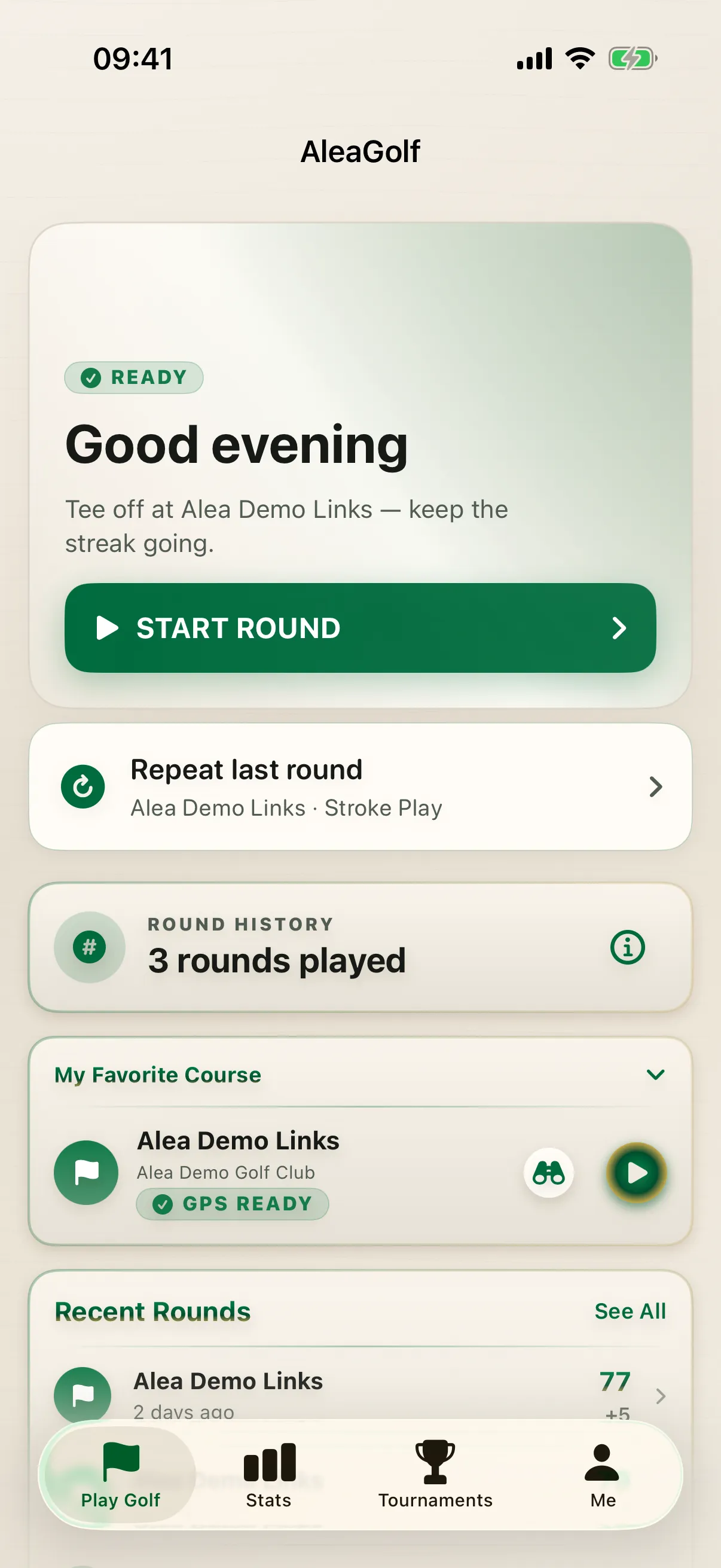 AleaGolf home screen ready to start a round, showing round history, a favorite course with GPS ready and recent rounds