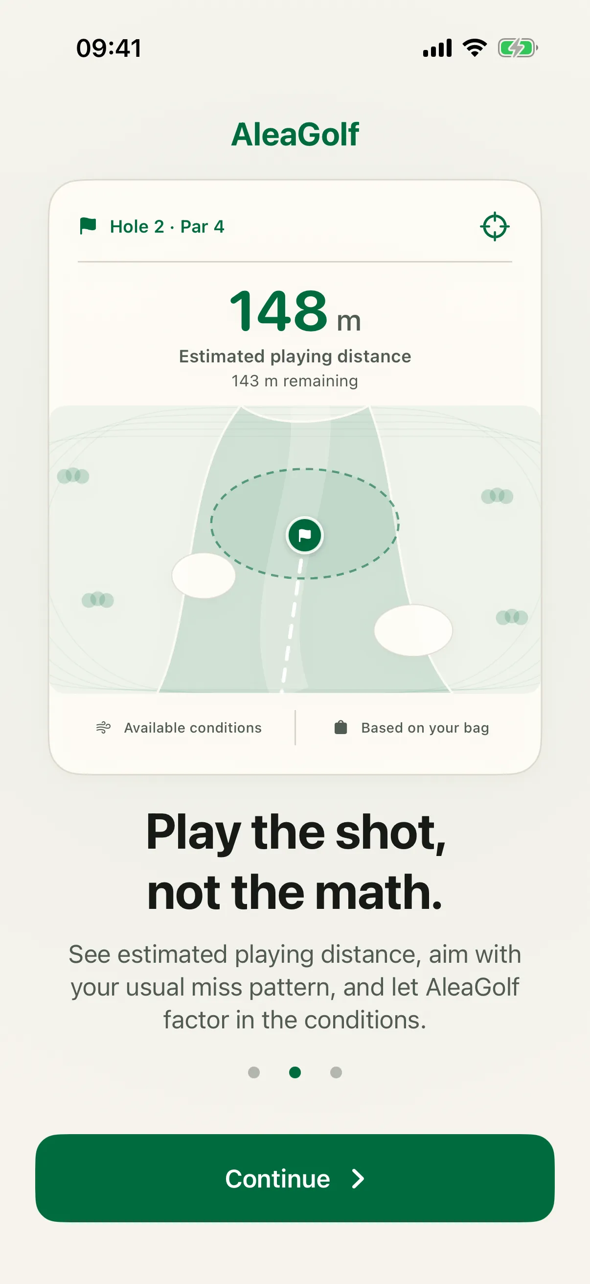 AleaGolf onboarding screen showing estimated playing distance on a hole map with aim ellipse, conditions and bag-based suggestions