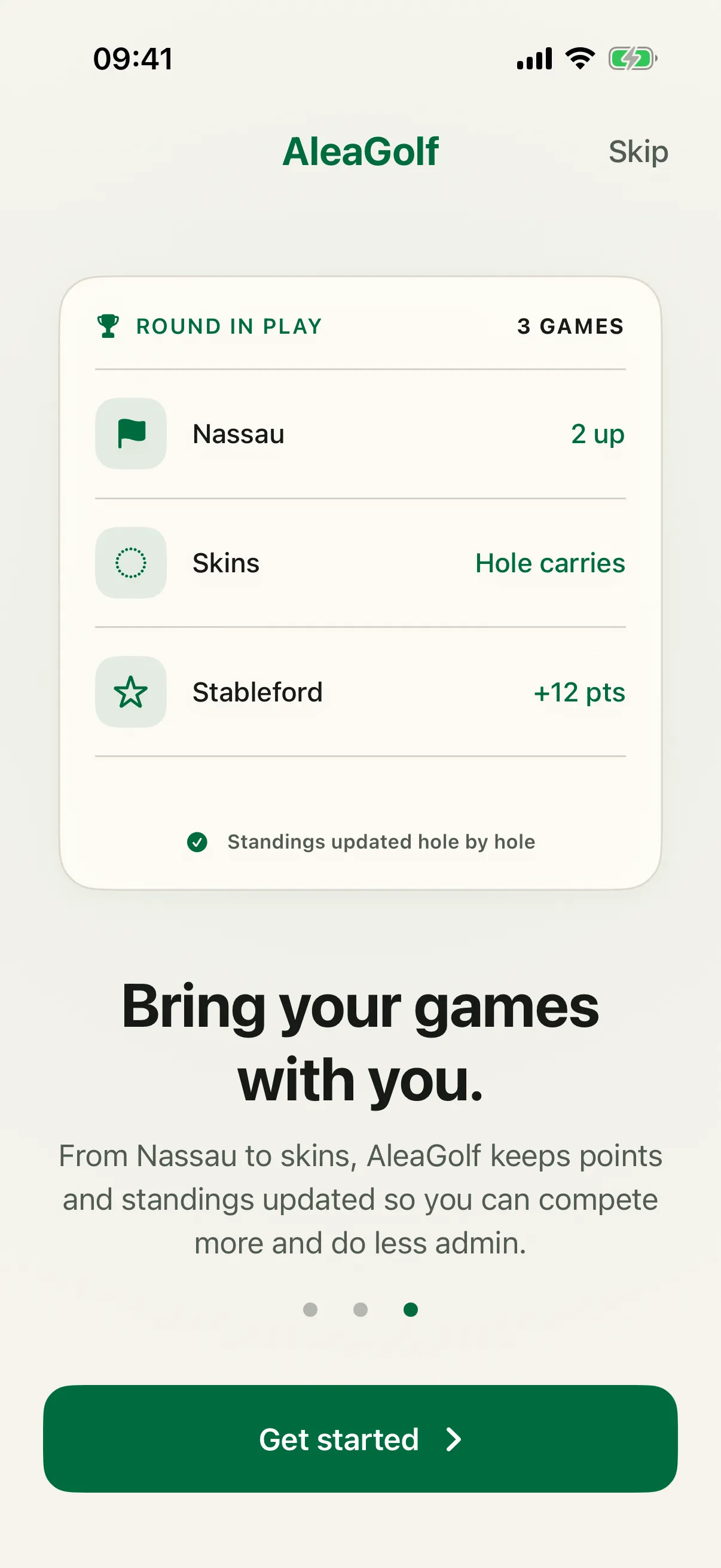 AleaGolf onboarding screen showing a round in play with Nassau, Skins and Stableford standings updated hole by hole
